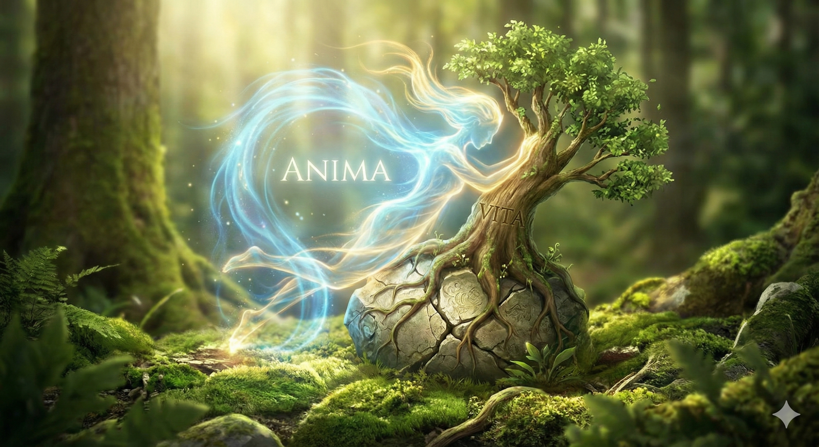 Anima e Vita: un albero che nasce dalla roccia in un bosco di luce